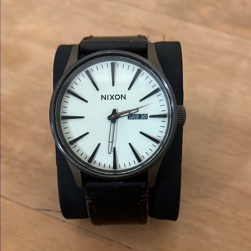 Nixon Black and White Minimalist Watch with Day-Date
